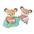 Calico Critters deer twin figurines with flocked fur and lace diapers pose with a mint stroller, one sitting inside while the other stands holding the toy cart.