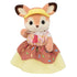 Calico Critters fox figure in sprinkle-pattern skirt and yellow visor waves with a friendly smile, dressed to match the donut-themed Dip Dip Donuts wagon toy set.