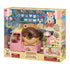 Retail package of Calico Critters Dip Dip Donuts Wagon playset shows pink donut truck, accessories, miniature pastries, fox figurine, and branding for children ages three and older.