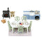 Calico Critters Elegant Dining Room set features a white table, six pale green chairs, blue kitchen unit, black stove, tea service, desserts, and patterned rug.