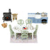 Calico Critters Elegant Dining Room set features a white table, six pale green chairs, blue kitchen unit, black stove, tea service, desserts, and patterned rug.