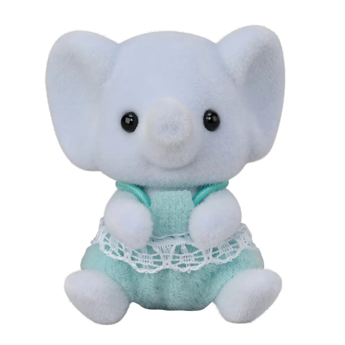 Calico Critters Elephant Twin sitting baby toy with flocked gray texture and big round ears, dressed in a mint-green outfit accented with white lace trim, seated against a white backdrop.