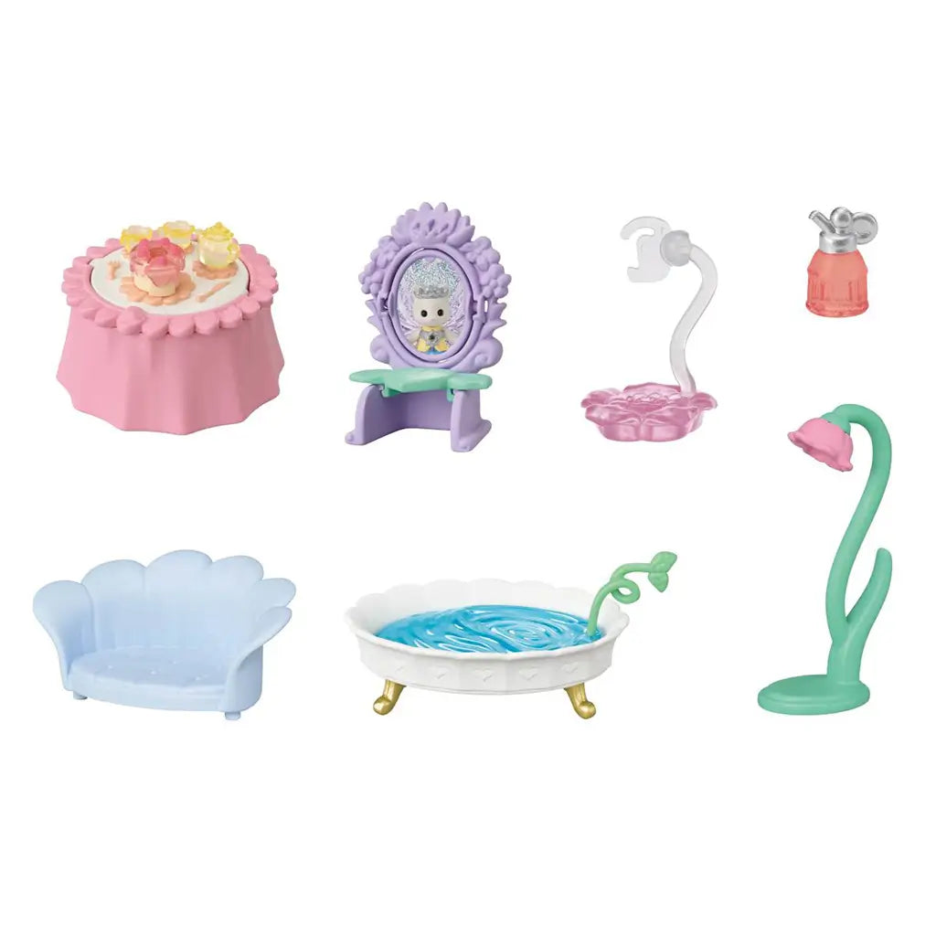 Calico Critters Fairytale Tower accessories include a pink tea table, lavender mirror dresser, blue shell seat, white pool, flower stand, perfume bottle and fairy stand.