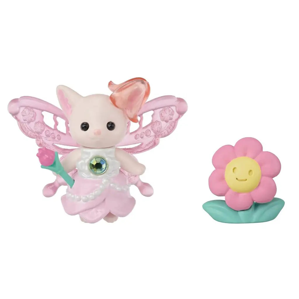 Calico Critters Nectar Fairy figure has cream flocking, translucent pink wings, a pink petal dress and rose wand, paired with a smiling pink flower on a white background.