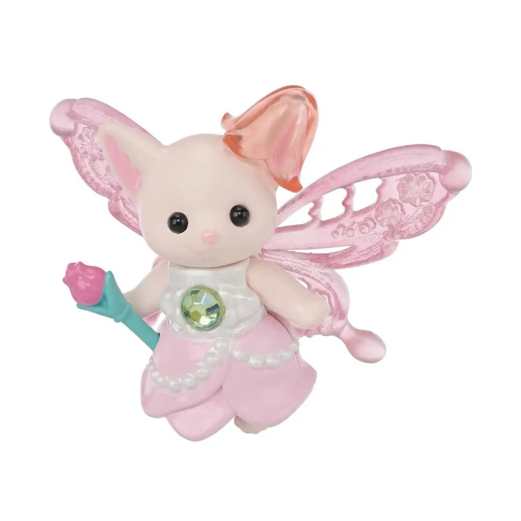 Calico Critters Nectar Fairy is a cream flocked cat figure with translucent pink floral wings, a pink petal dress, jeweled bodice and mint rose wand on a white background.