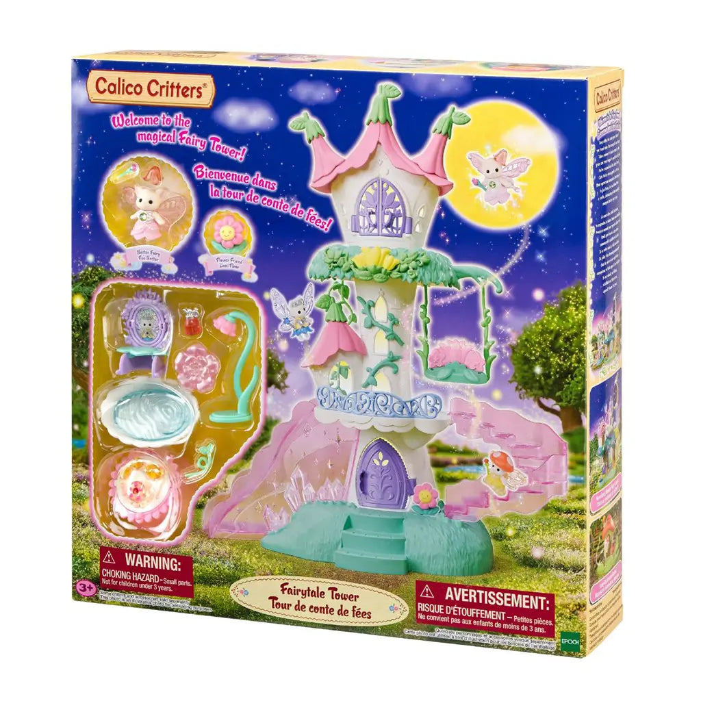 Calico Critters Fairytale Tower package shows the pastel tower playset, Nectar Fairy and accessories against a blue starry scene, with product branding and warnings.