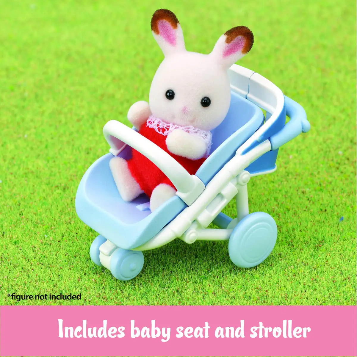 Calico Critters baby rabbit toy seated in light blue stroller with white frame on green grass, part of the Family Cruising Car set, captioned “Includes baby seat and stroller.”