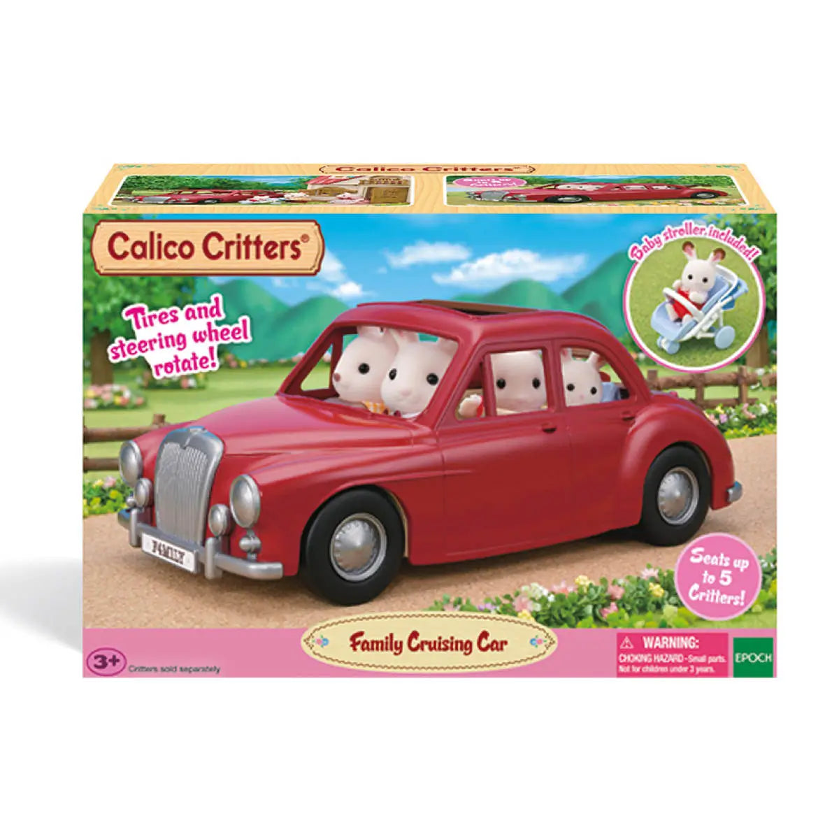Calico Critters Family Cruising Car boxed set showing red toy car with rabbit figures inside, labeled “Seats up to 5 Critters!” with included baby stroller shown on front packaging.