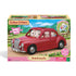 Calico Critters Family Cruising Car boxed set showing red toy car with rabbit figures inside, labeled “Seats up to 5 Critters!” with included baby stroller shown on front packaging.