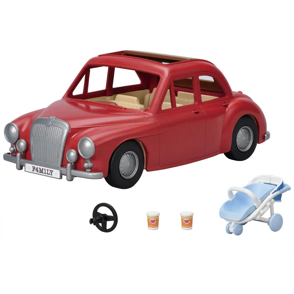 Calico Critters Family Cruising Car toy set featuring a red four-door car with tan seats, removable steering wheel, stroller, and coffee cups, arranged on a white background.