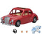Calico Critters Family Cruising Car toy set featuring a red four-door car with tan seats, removable steering wheel, stroller, and coffee cups, arranged on a white background.