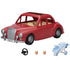 Calico Critters Family Cruising Car toy set featuring a red four-door car with tan seats, removable steering wheel, stroller, and coffee cups, arranged on a white background.