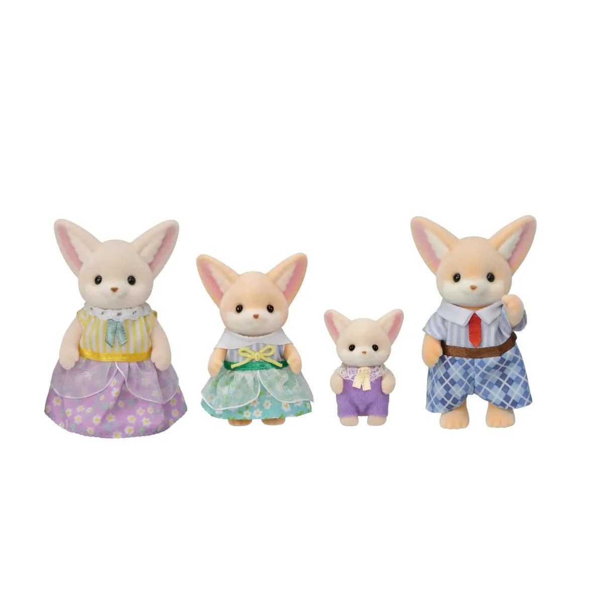 Set of Calico Critters Fennec Fox Family figures with soft velvet fur, dressed in coordinated floral and plaid outfits in yellow, green, purple, and blue, arranged side by side on a plain white surface.