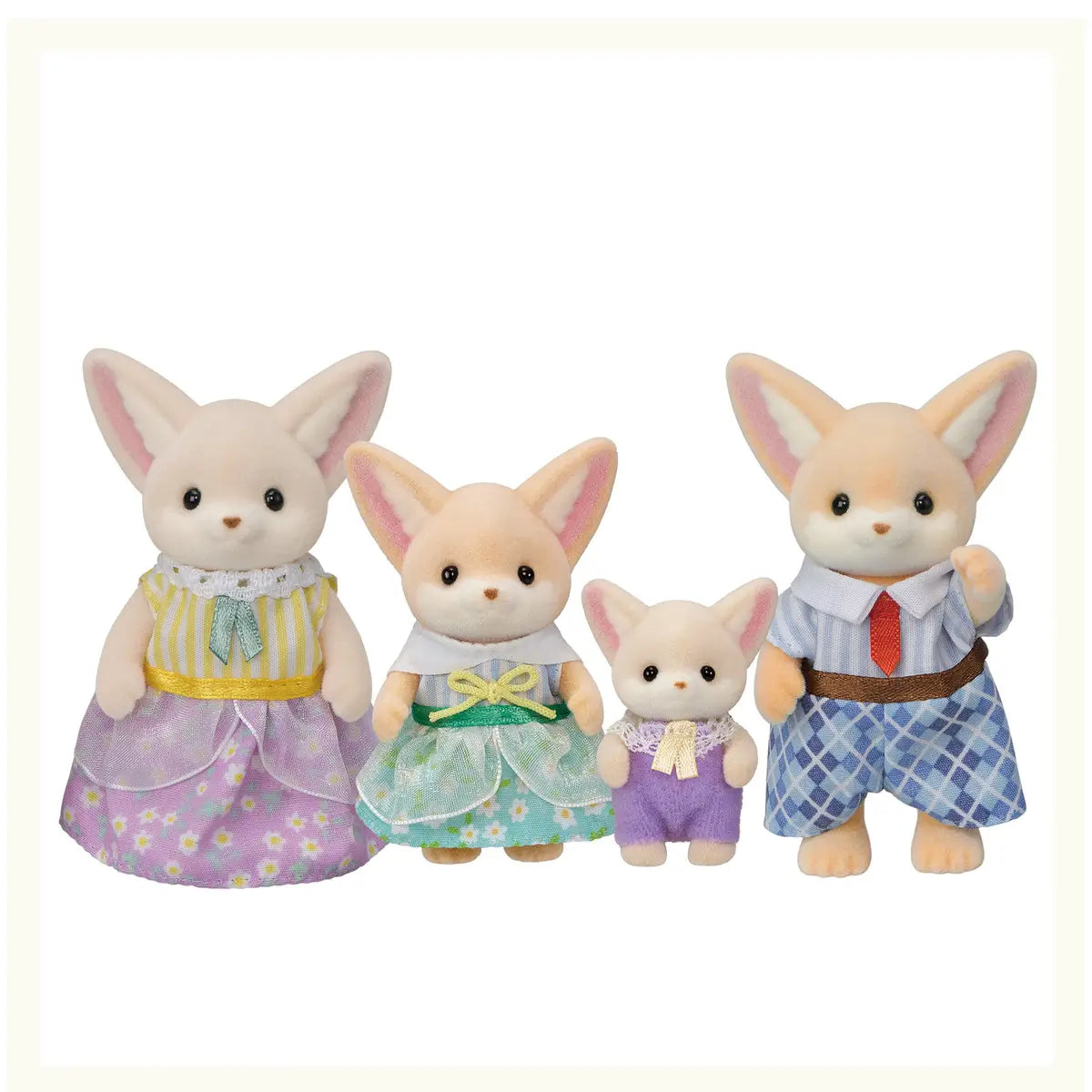 Calico Critters Fennec Fox Family toy set showing four cream-colored flocked fox figures with large ears and pastel clothing, including dresses, pants, and shirts, posed on a white background.