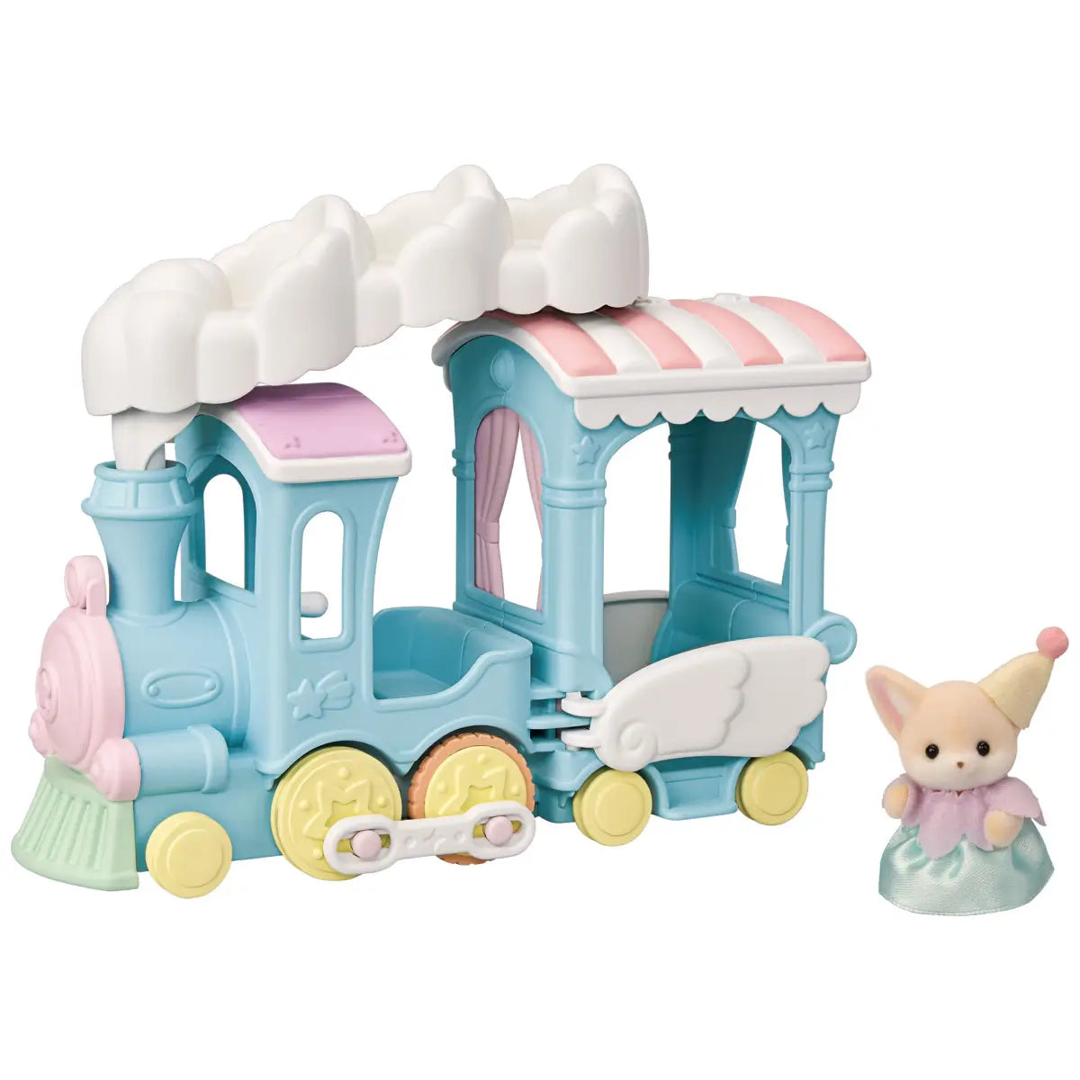 Calico Critters Floating Cloud Rainbow Train set features pastel blue plastic locomotive with white cloud canopy, pink striped roof, yellow wheels, and wing detail beside small fox figure on white background.