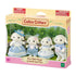 Calico Critters Flora Rabbit Family package displays four cream flocked rabbit figures in blue gingham and pastel outfits inside a windowed box with a garden backdrop.