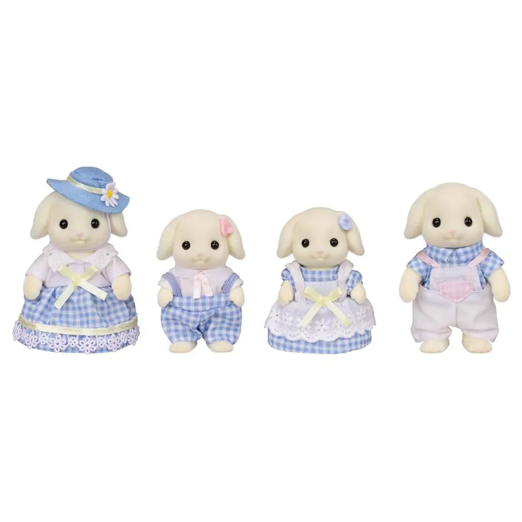 Calico Critters Flora Rabbit Family features four cream flocked rabbit figures in blue gingham and pastel outfits, posed together in a row against a white background.