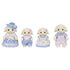 Calico Critters Flora Rabbit Family features four cream flocked rabbit figures in blue gingham and pastel outfits, posed together in a row against a white background.