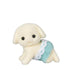 Calico Critters Flora Rabbit twin has cream flocked fur, black eyes and floppy ears, wearing an aqua diaper with white lace trim while crawling on a white background.