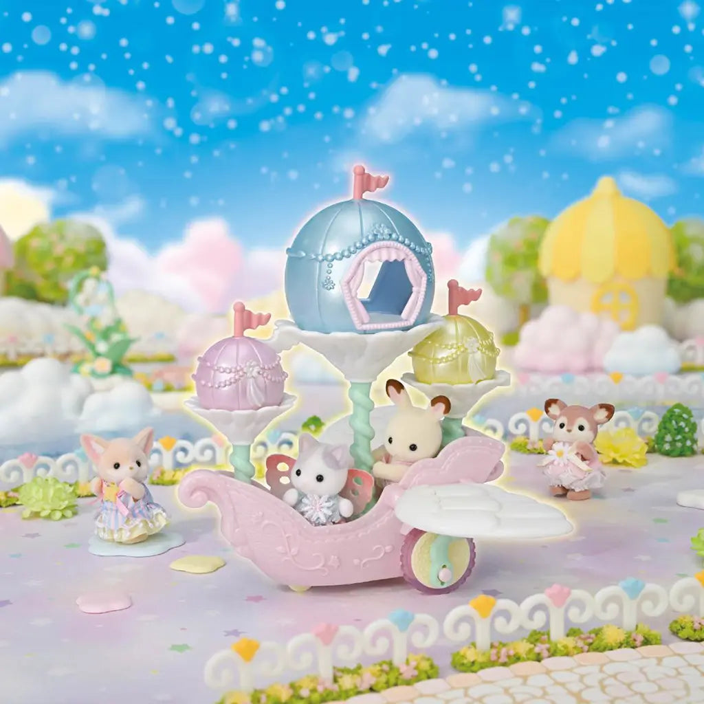 Calico Critters Floral Fantasy Skyship in pastel pink, blue and mint plastic carries a winged Latte Cat baby through a whimsical garden scene with other animal figures.