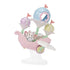 Calico Critters Floral Fantasy Skyship in pastel pink, blue, yellow and mint plastic features a winged Latte Cat baby, three pod cabins and white wings on a clear stand.
