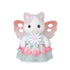Calico Critters Latte Cat baby figure has soft white flocked fur, pink butterfly wings and a pastel blue and pink floral dress, photographed against a white background.