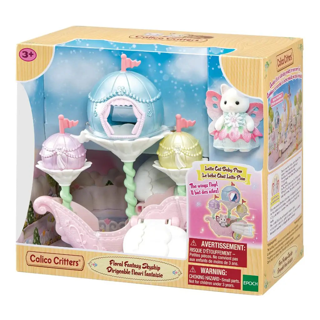Calico Critters Floral Fantasy Skyship package shows the pastel pink and blue flying vehicle, three pod cabins and winged Latte Cat baby figure in an open-front