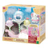 Calico Critters Floral Fantasy Skyship package shows the pastel pink and blue flying vehicle, three pod cabins and winged Latte Cat baby figure in an open-front