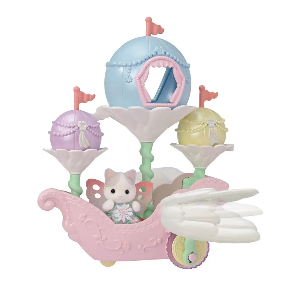 Calico Critters Floral Fantasy Skyship in pastel pink, blue, yellow and mint plastic features a winged Latte Cat baby, three floral pod cabins and large white wings.