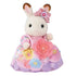 Calico Critters Chocolate Rabbit Girl is dressed in a pink and yellow floral princess gown with a large rose bow and matching hair accessory on her ear.