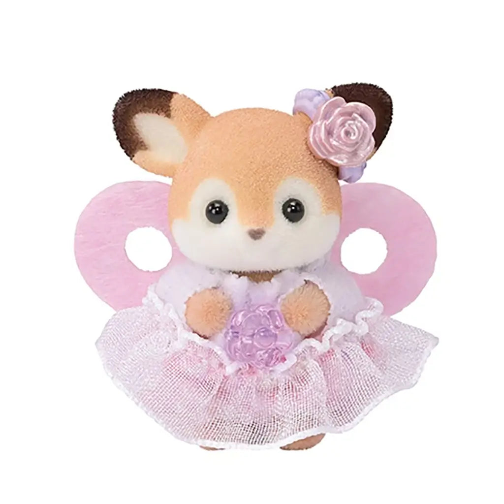 Calico Critters Deer Cradle Baby wears a lavender lace tutu with a pink rose headband and butterfly wings, holding a small purple flower accessory.