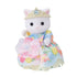Calico Critters Persian Cat Girl figure wears a blue and floral pastel princess gown with a pearl tiara and pink flower bow, posed against a white background.