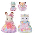 Four Calico Critters figures including a bunny, cat, deer, and husky wear pastel floral dresses with tiaras and bows, standing in a neat group for display.