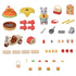 Calico Critters Hamburger Stand accessories laid out with burger canopy parts, cat vendor, scooter, trays, stools, fryer, register, fries, drinks, toppings, and mini burger pieces.