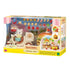 Retail box of Calico Critters Hamburger Stand playset featuring scooter, burger-shaped stall, cat vendor figure, miniature burgers, fries, drinks, accessories, and seating pieces.