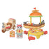 Calico Critters Hamburger Stand toy set including burger-shaped kiosk with grill, yellow table, stools, cat vendor figure in red visor, scooter, and miniature fast food items.