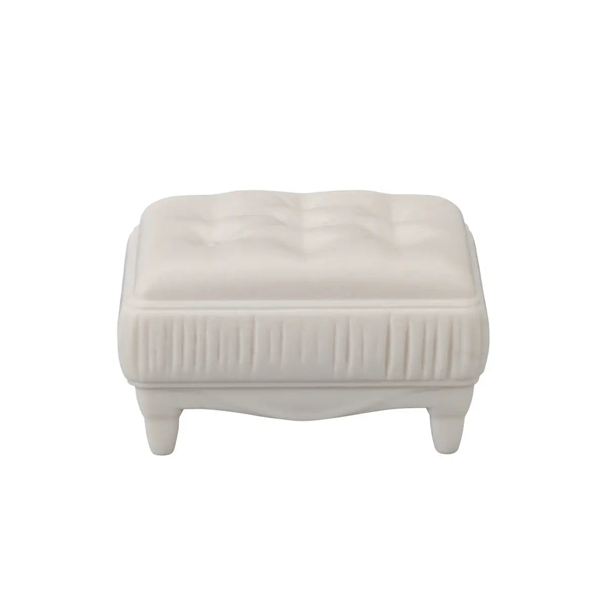 Calico Critters display chair accessory features white molded plastic with cushioned tufted top, carved texture sides, and short curved legs designed for doll seating on white background.