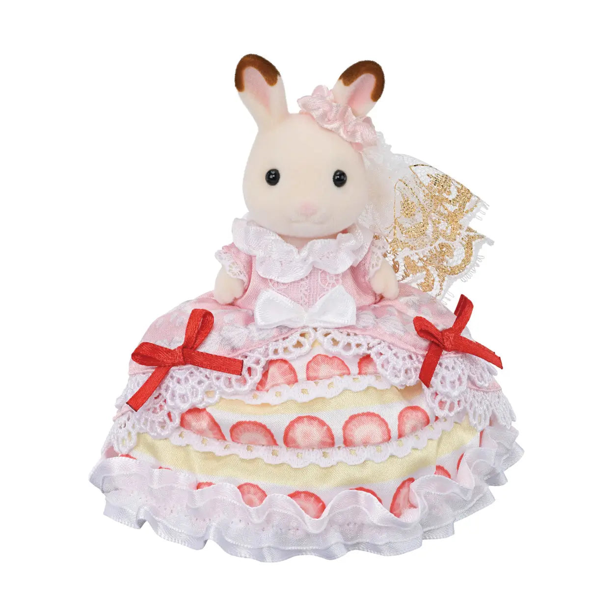 Calico Critters Freya Strawberry Cake Dress figure shows cream flocked rabbit wearing pink lace bodice, layered strawberry print skirt with red bows, and gold trimmed parasol on white background.