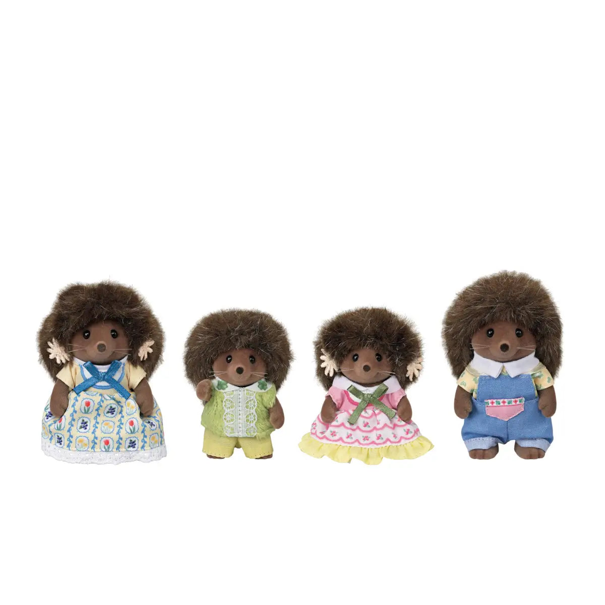 Set of four Calico Critters Hedgehog Family toys standing in a row, each with plush brown fur and handmade-style clothing in yellow, pink, green, and blue against a plain white backdrop.