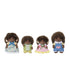 Set of four Calico Critters Hedgehog Family toys standing in a row, each with plush brown fur and handmade-style clothing in yellow, pink, green, and blue against a plain white backdrop.