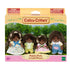 Calico Critters Hedgehog Family toy set featuring four brown flocked hedgehog figures with textured fur in colorful fabric outfits, displayed in forest-themed packaging labeled “Hedgehog Family.”