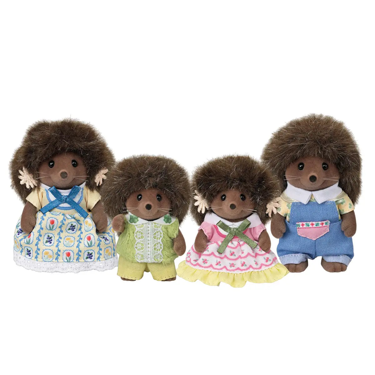 Calico Critters Hedgehog Family figures with soft brown fur and detailed clothing, including dresses and overalls, posed together on a white background showing intricate fabric patterns.