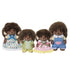 Calico Critters Hedgehog Family figures with soft brown fur and detailed clothing, including dresses and overalls, posed together on a white background showing intricate fabric patterns.