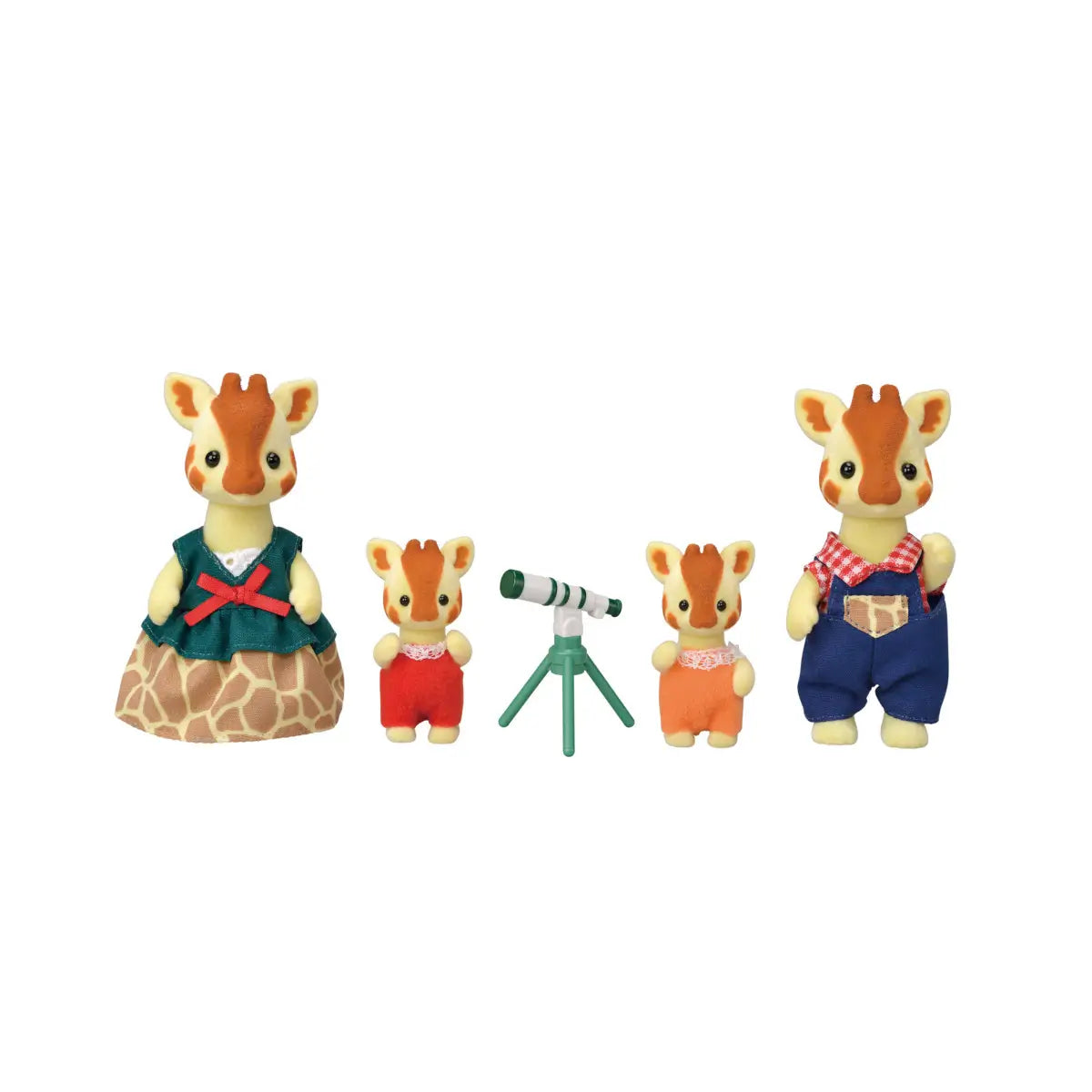 Calico Critters Highbranch Giraffe Family included pieces display cream and brown flocked giraffes with telescope accessory, mother in green dress, father in blue overalls on white background.