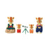Calico Critters Highbranch Giraffe Family included pieces display cream and brown flocked giraffes with telescope accessory, mother in green dress, father in blue overalls on white background.