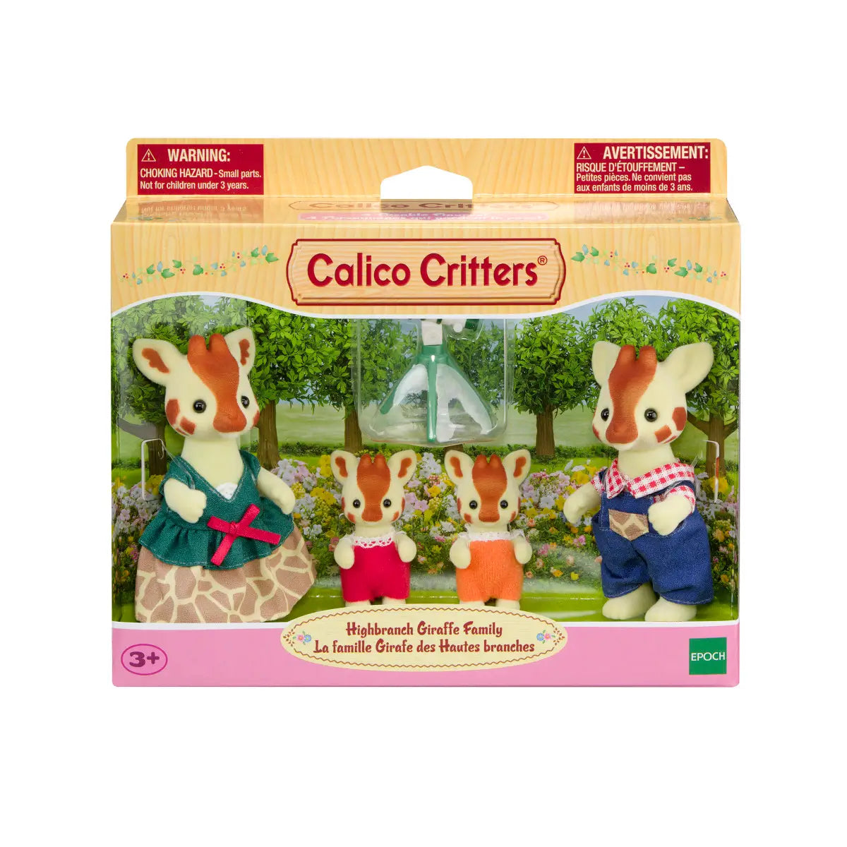 Calico Critters Highbranch Giraffe Family set features yellow and pink box packaging with cream and brown flocked giraffe figures in green dress and blue overalls posed in garden backdrop.