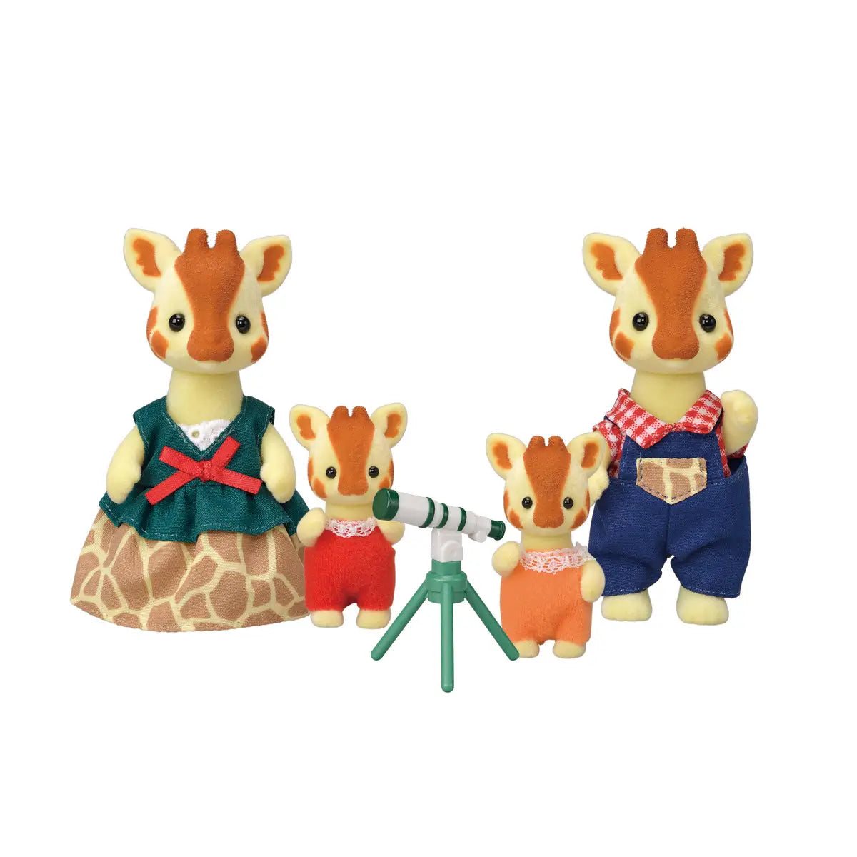 Calico Critters Highbranch Giraffe Family figures show cream flocked bodies with brown patches, mother in green top and patterned skirt, father in blue overalls, and two babies on white.