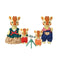 Calico Critters Highbranch Giraffe Family figures show cream flocked bodies with brown patches, mother in green top and patterned skirt, father in blue overalls, and two babies on white.