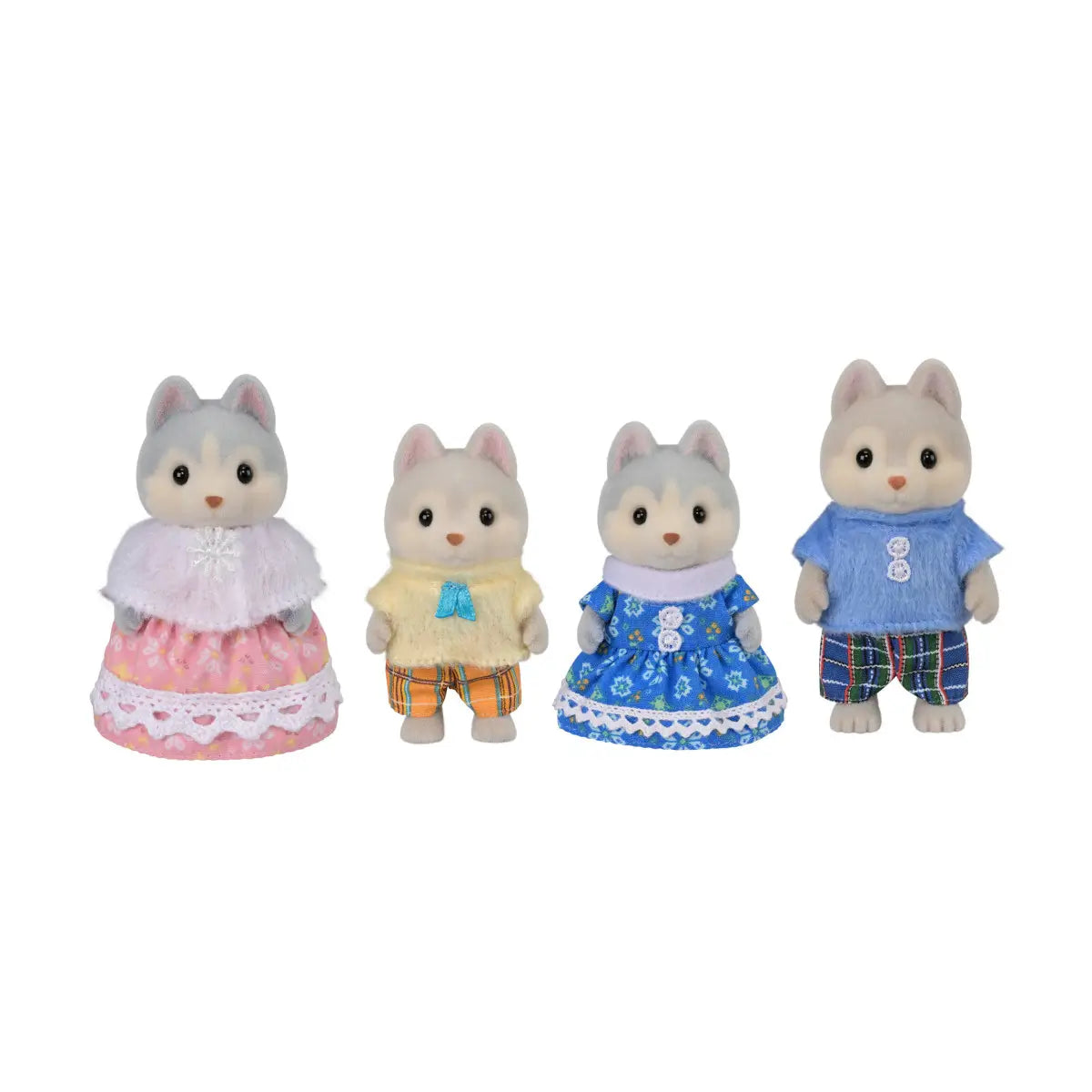 Calico Critters Husky Family set features gray and white flocked husky figures wearing pastel knit tops, floral dress, plaid shorts, and lace trimmed skirt displayed on white background.