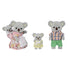 Calico Critters Koala Family figures show soft gray flocked koalas in floral dress with baby sling, pastel yellow dress, and plaid shirt with green shorts on white backdrop.